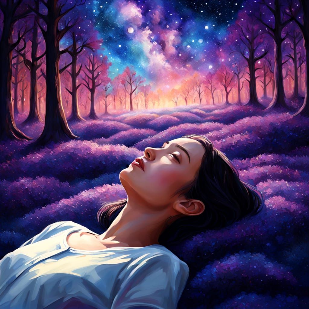 <lora:-Omnious-:1.0> <lora:Foggy water:1.0> <lora:Whispered Inky Paint:1.0> <lora:Smithsonian Spring:1.0> Woman lays in a field of lavender ...