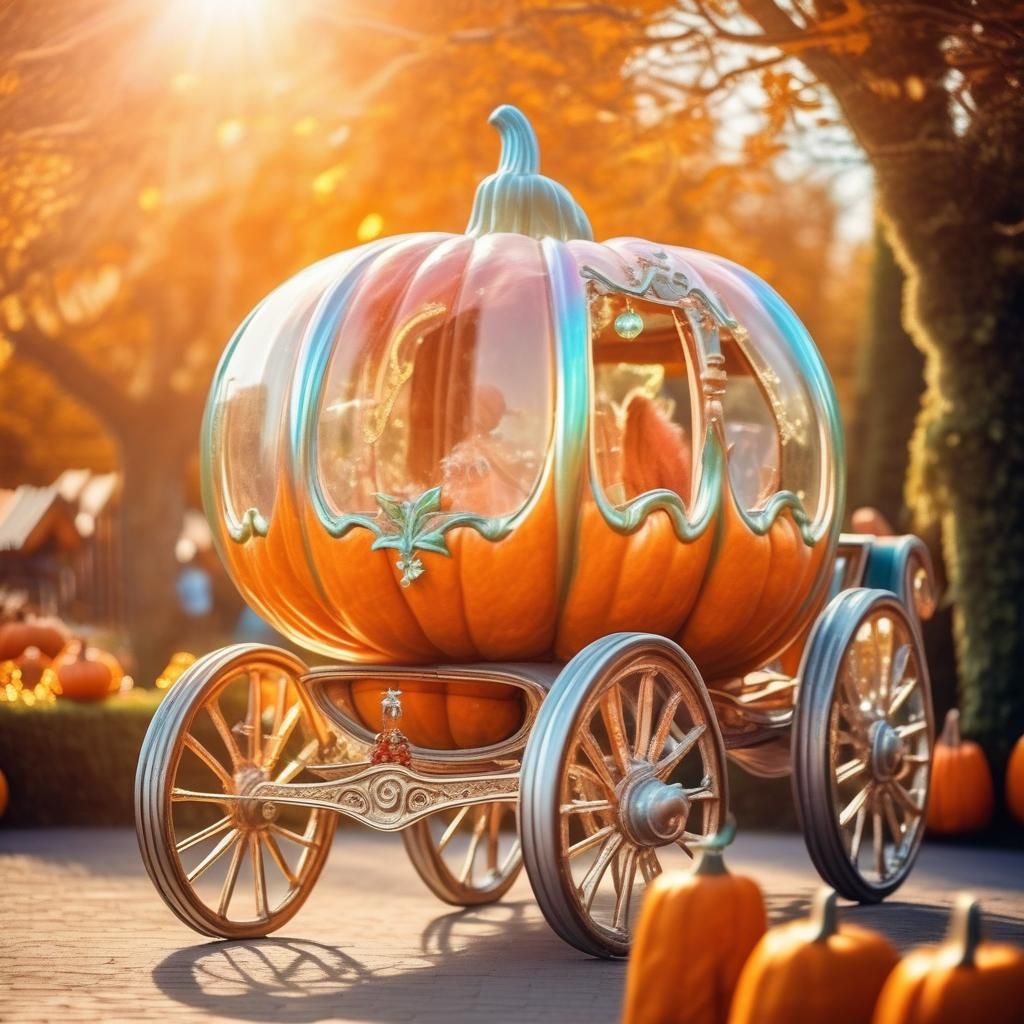 A glass horse-drawn carriage in the shape of a pumpkin in th...