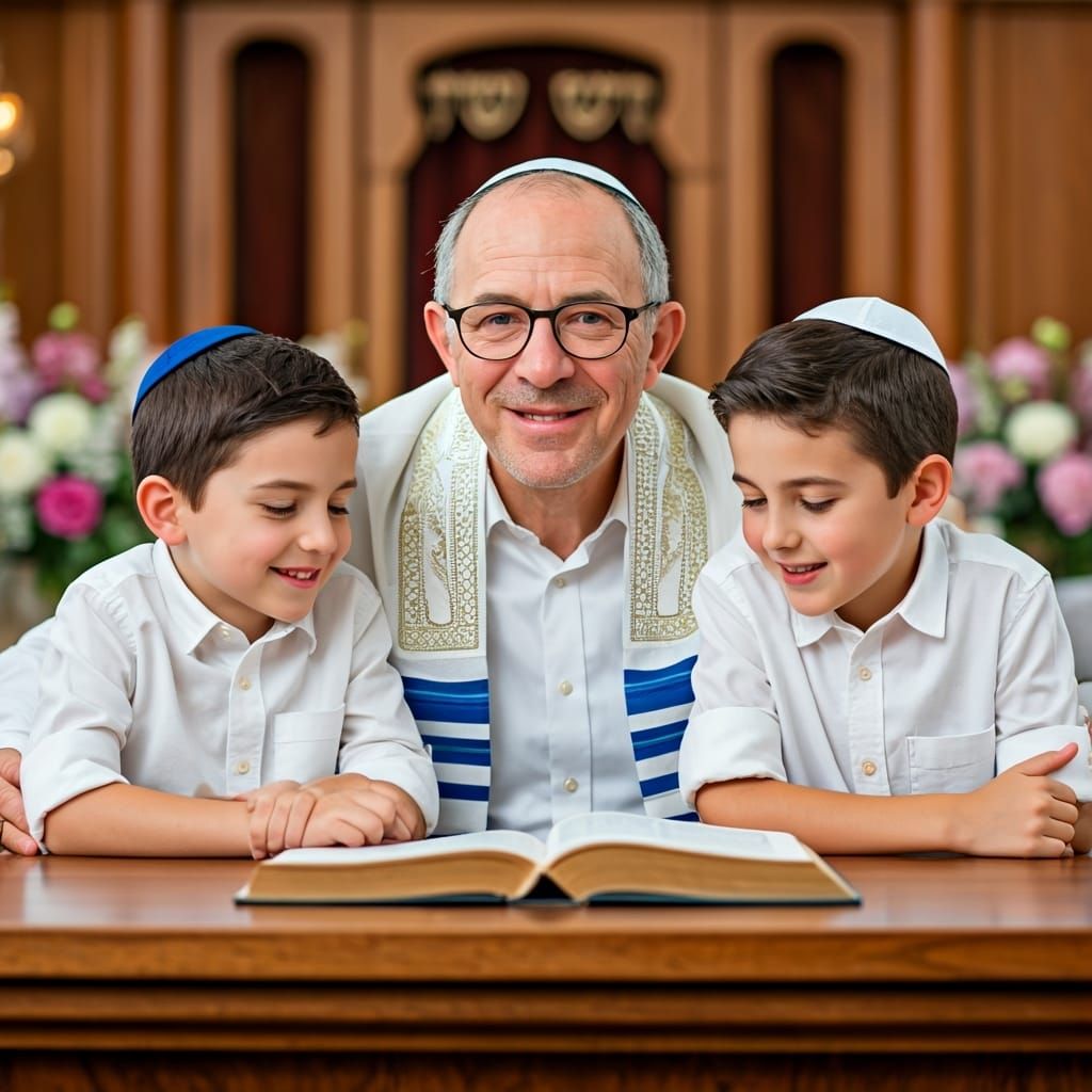 Family Celebrates Holiday in Synagogue Portrait