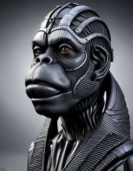 3 d chromium and graphite render of a cloaked chimpanzee cyb...