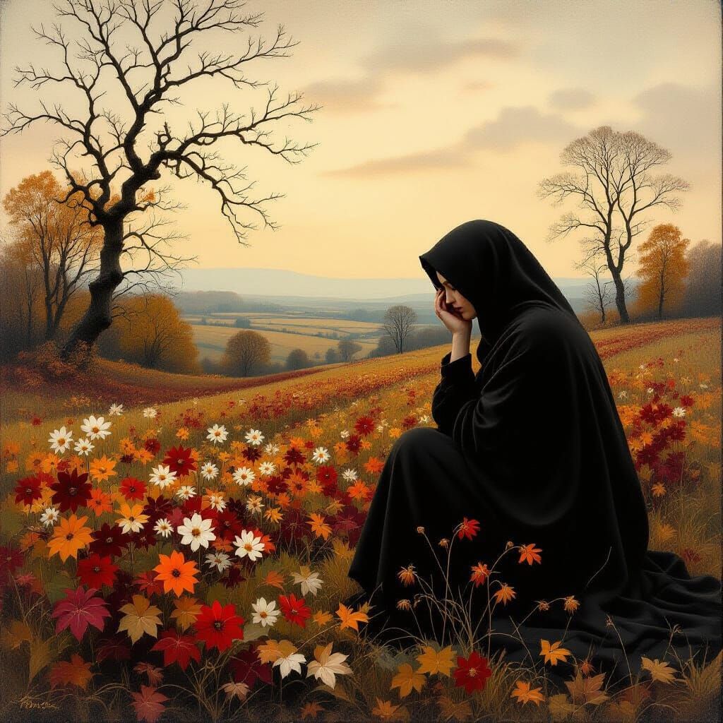 Sorrowful Guardian Over Desolate Autumn Landscape