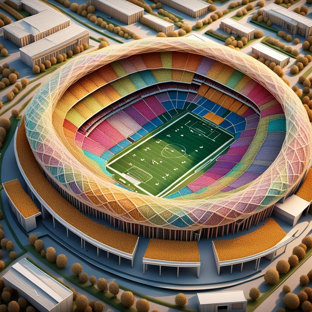 A massive football station entirely woven from string. The intricate stands resemble delicate threads, looping and connecting. The football...