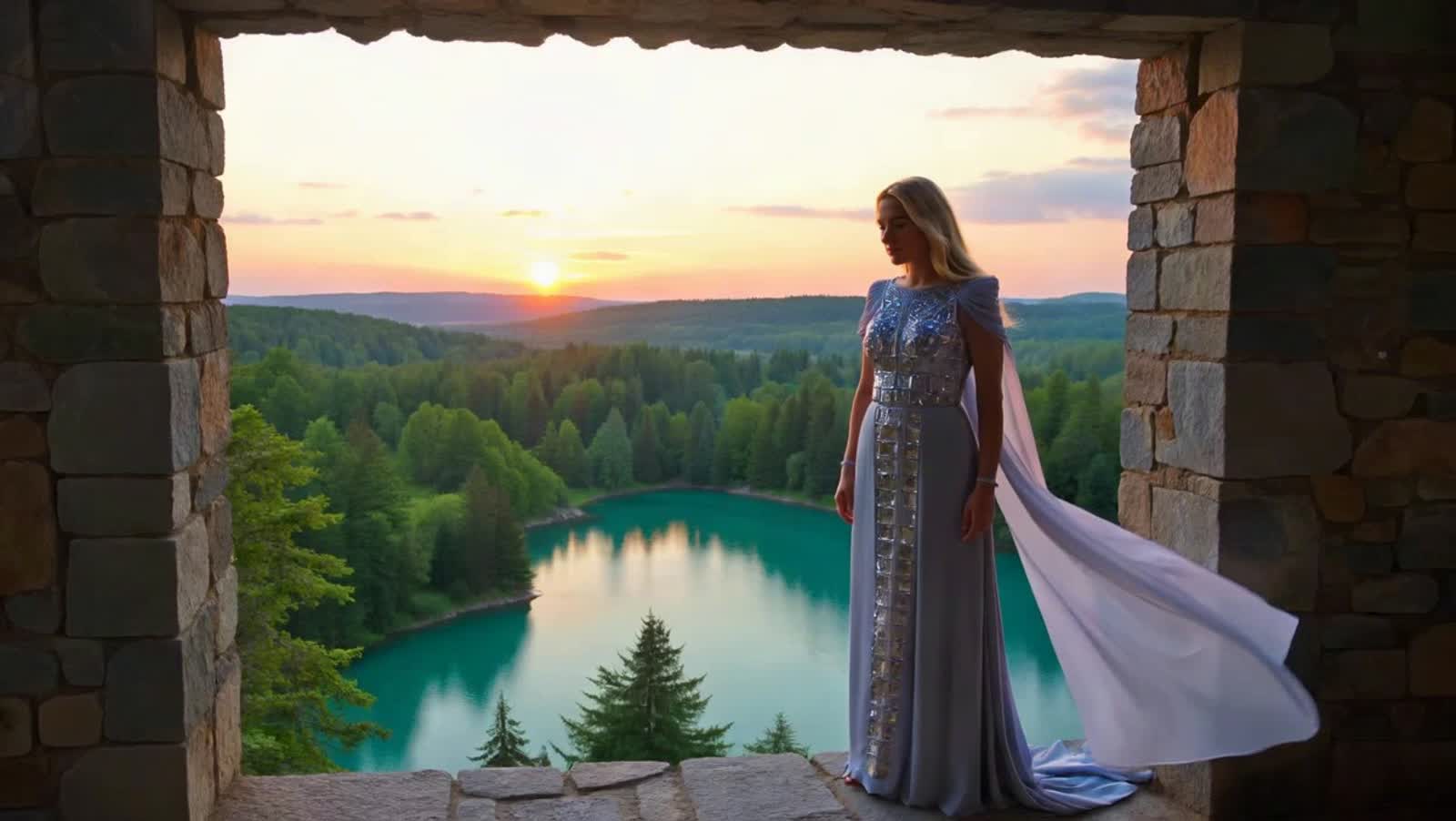 A blonde woman standing at the opening in the walls of a castle staring at a beautiful scene below of an exquisite green...