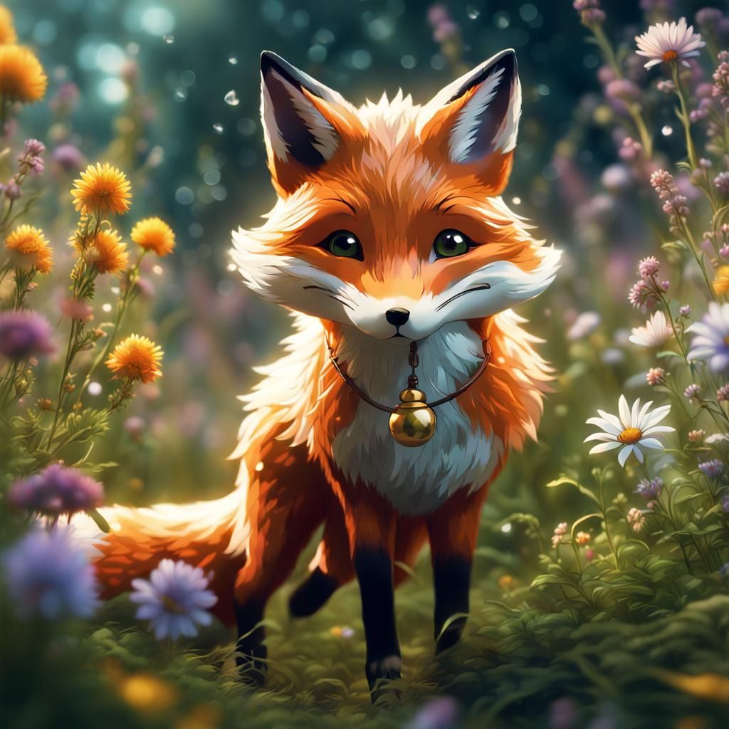 little fox spirit carrying a string of little bells and play...