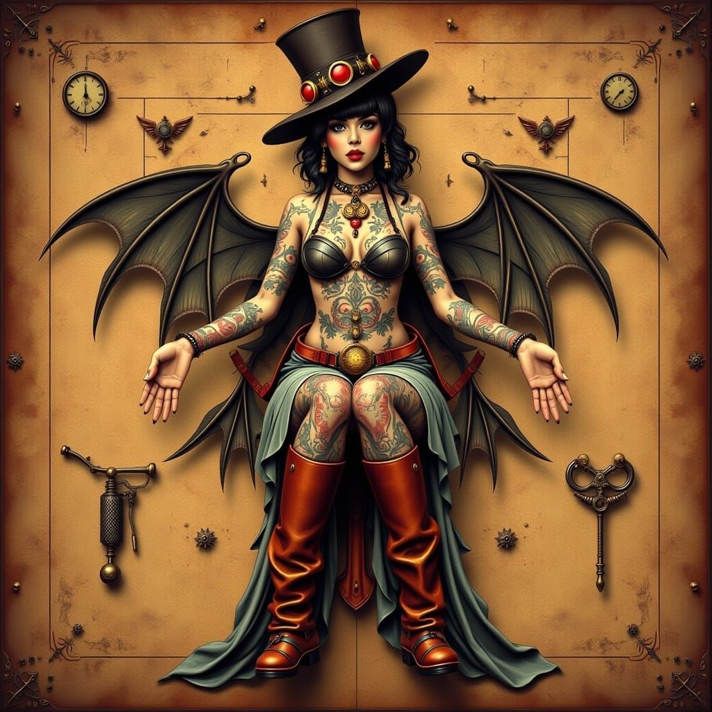 the huge text "Contemporary Steampunk" appearing in the background: 
hyperdetailed contemporary art style steampunk pinup girl with contempo...