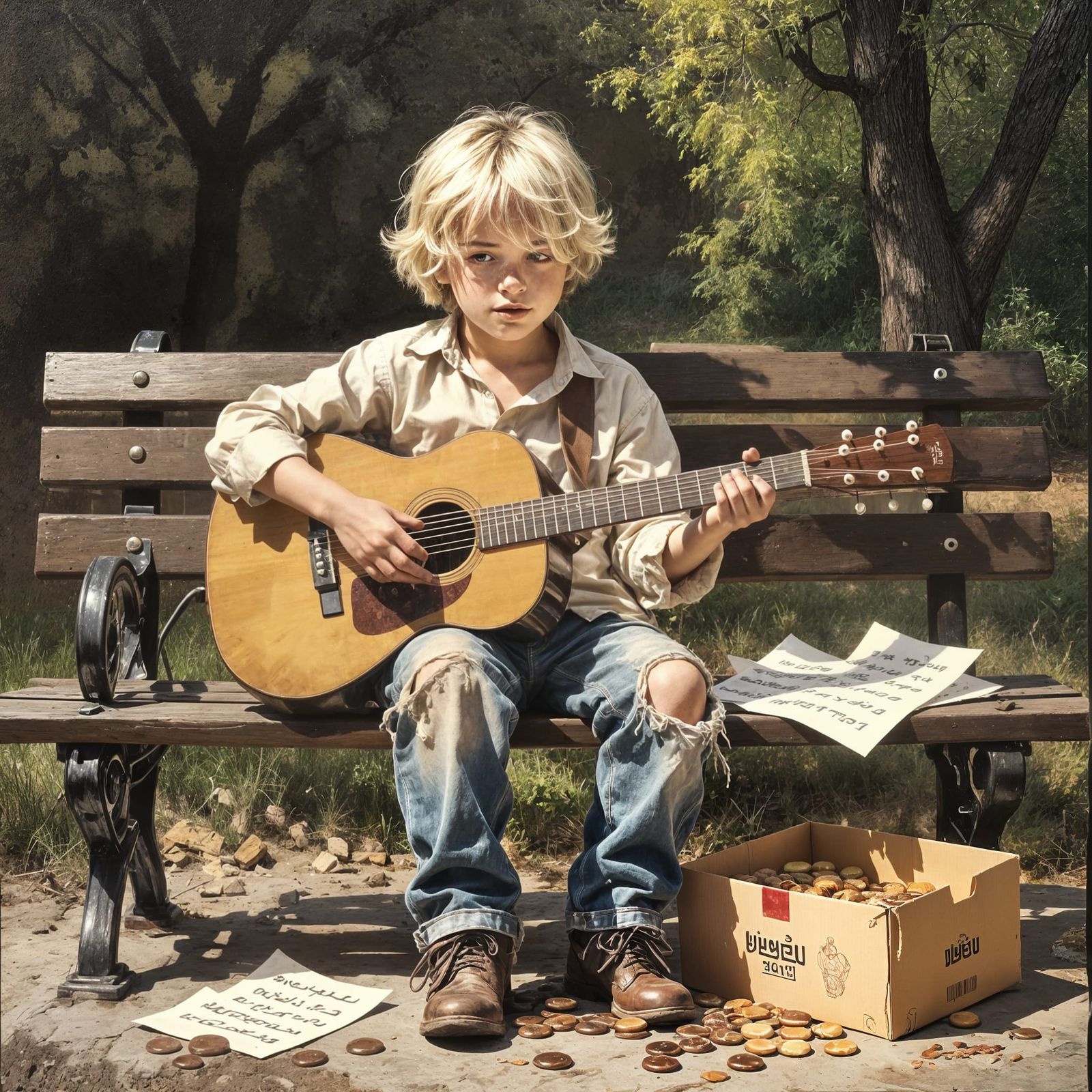 Young Boy Plays Guitar on Park Bench