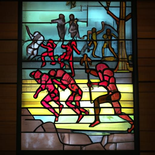 a stained glass window depicting a scene from the zombie apo...