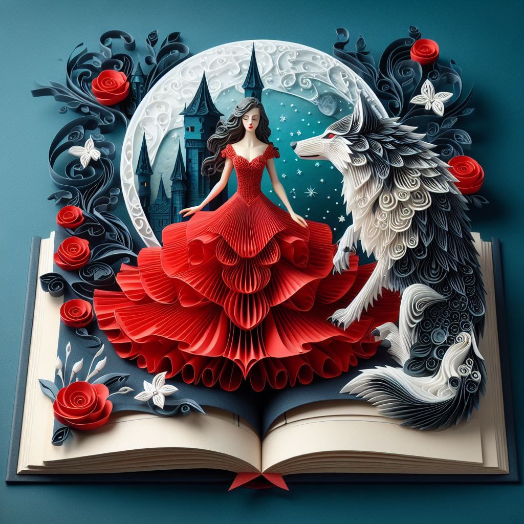 Woman in a red dress standing on top of a book
