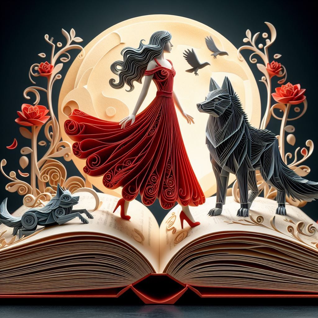 Woman in a red dress standing on top of a book
