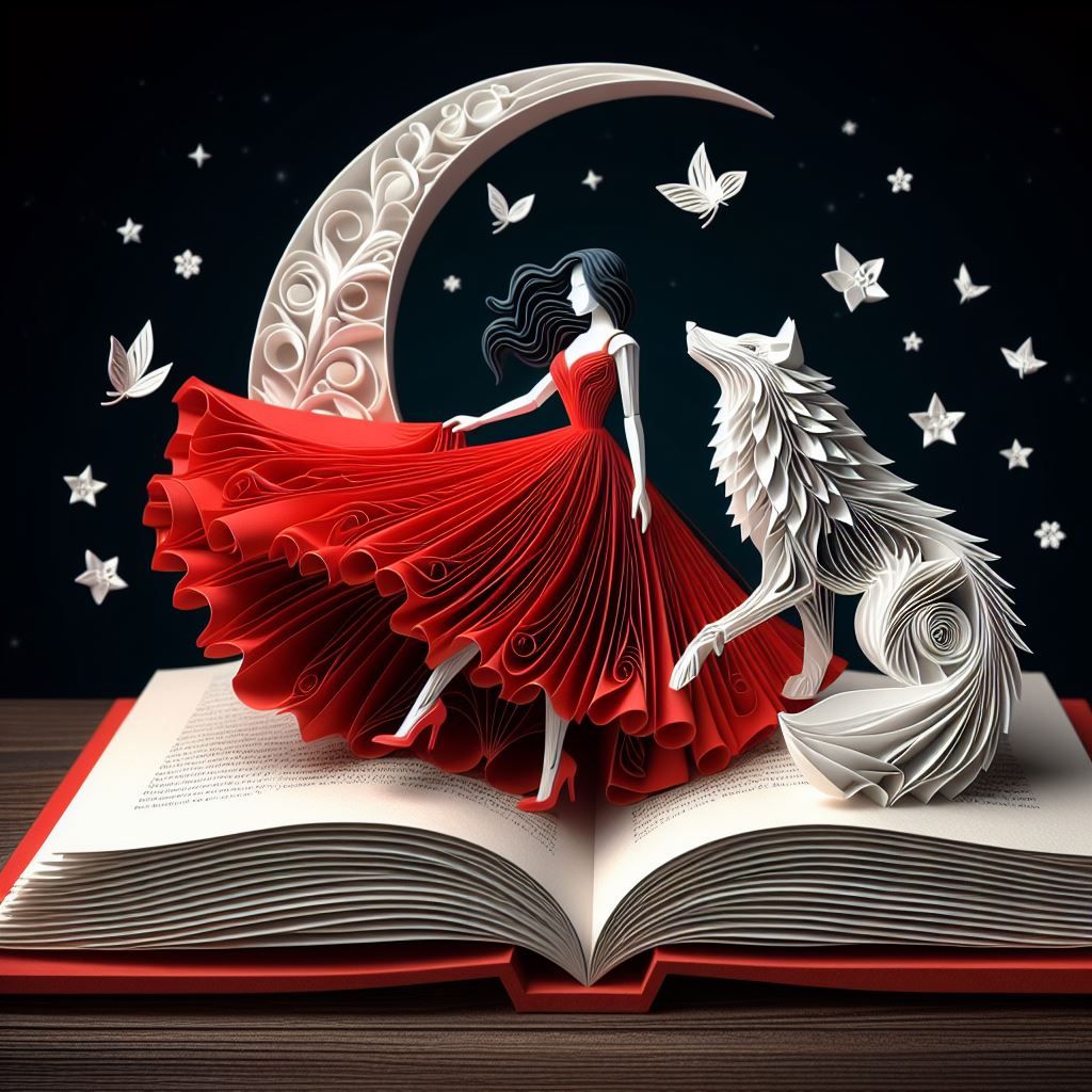 Woman in a red dress standing on top of a book