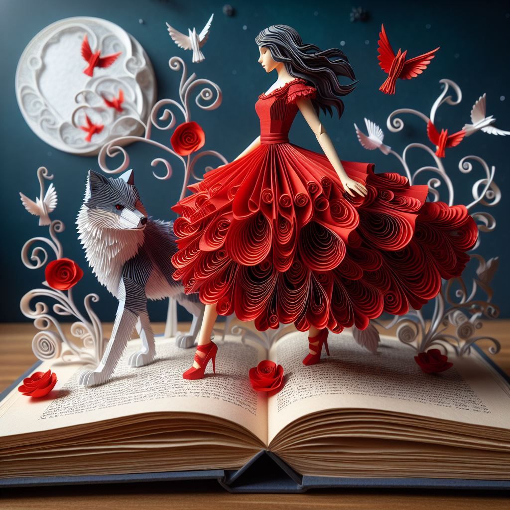Woman in a red dress standing on top of a book