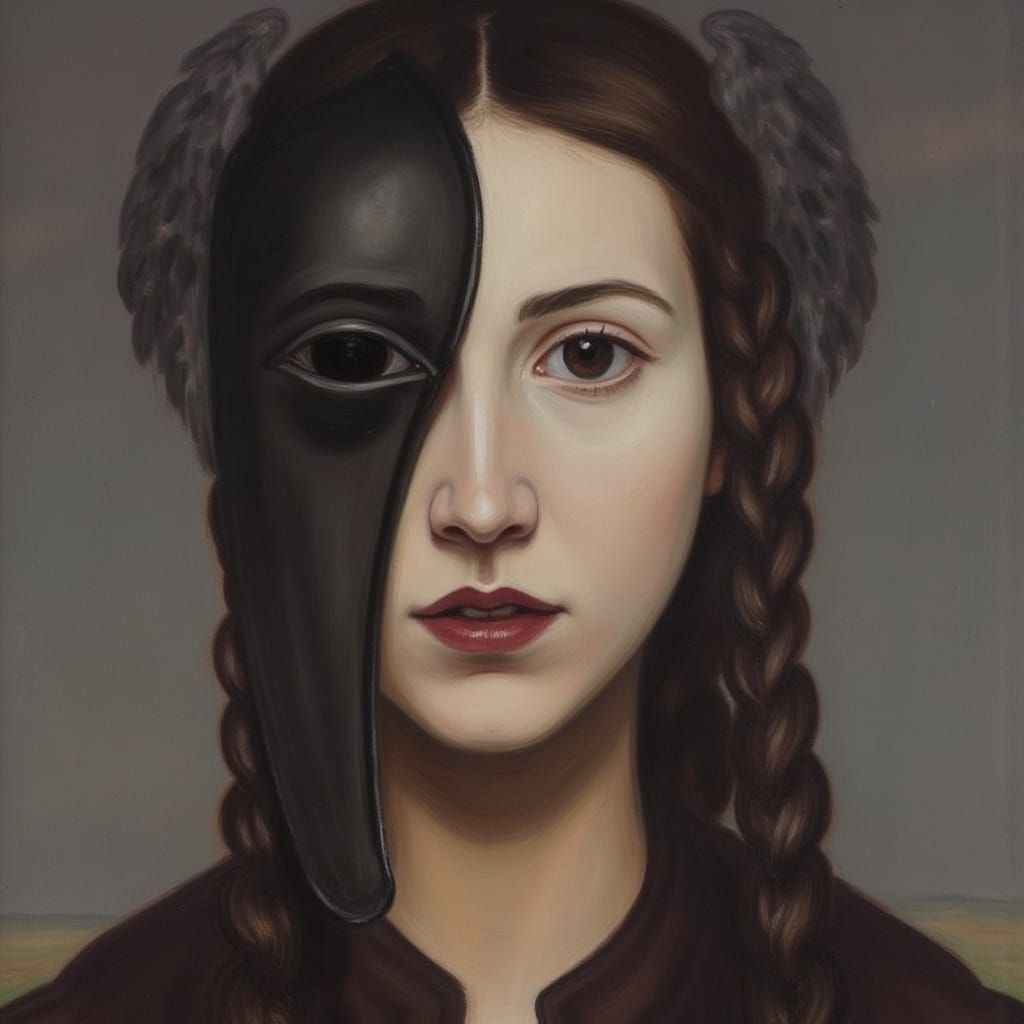 Psychological Portrait of a pretty woman with braids and a sad eerie mask in the style of  <lora:Soft Symbolism:1.0>
