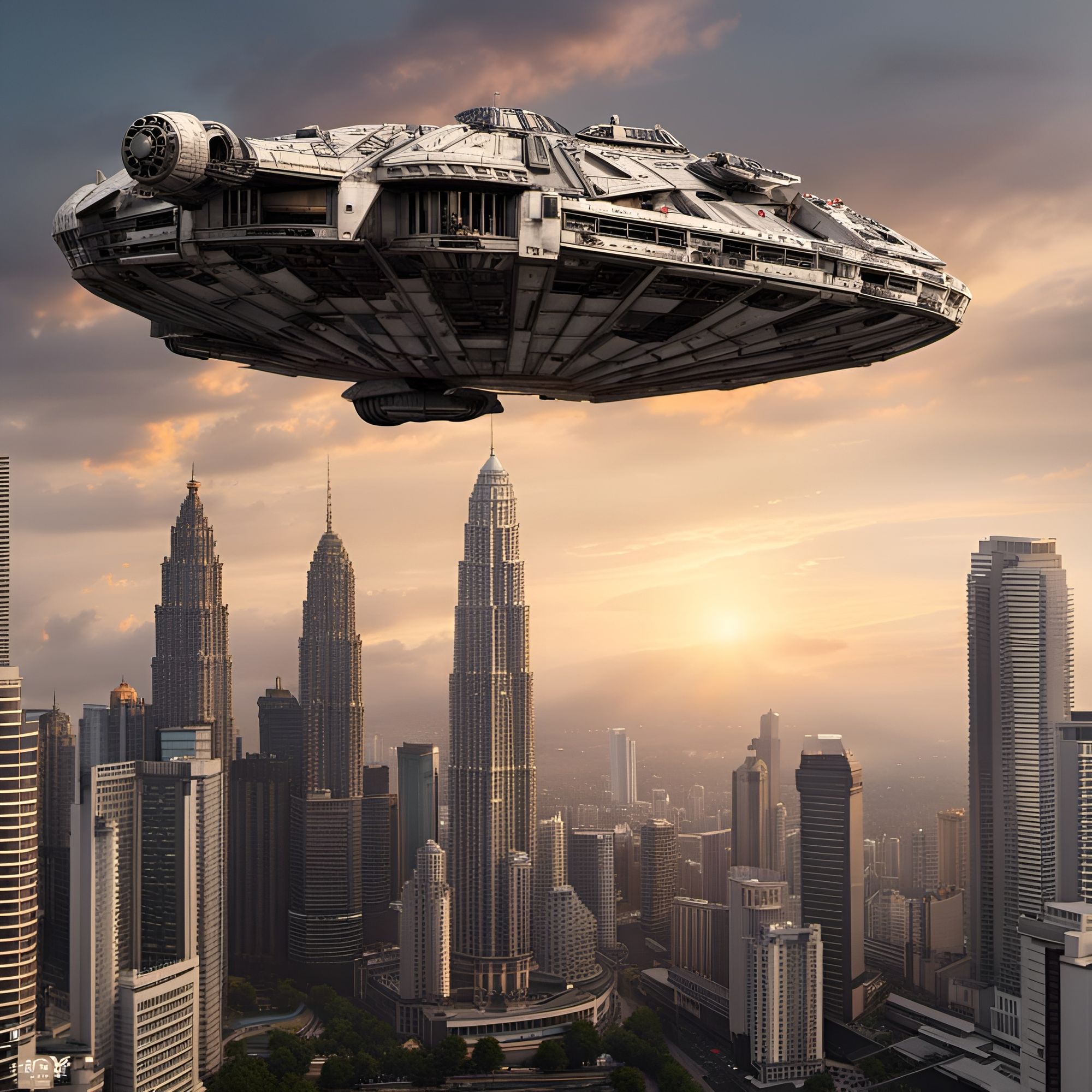 Millennium Falcon flying pass KLCC at sunset. Photorealistic with