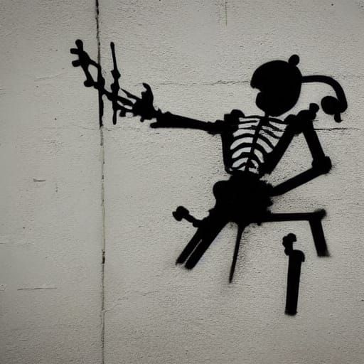 Minimalist Graffiti Skeleton Smoking Cigar on Wall