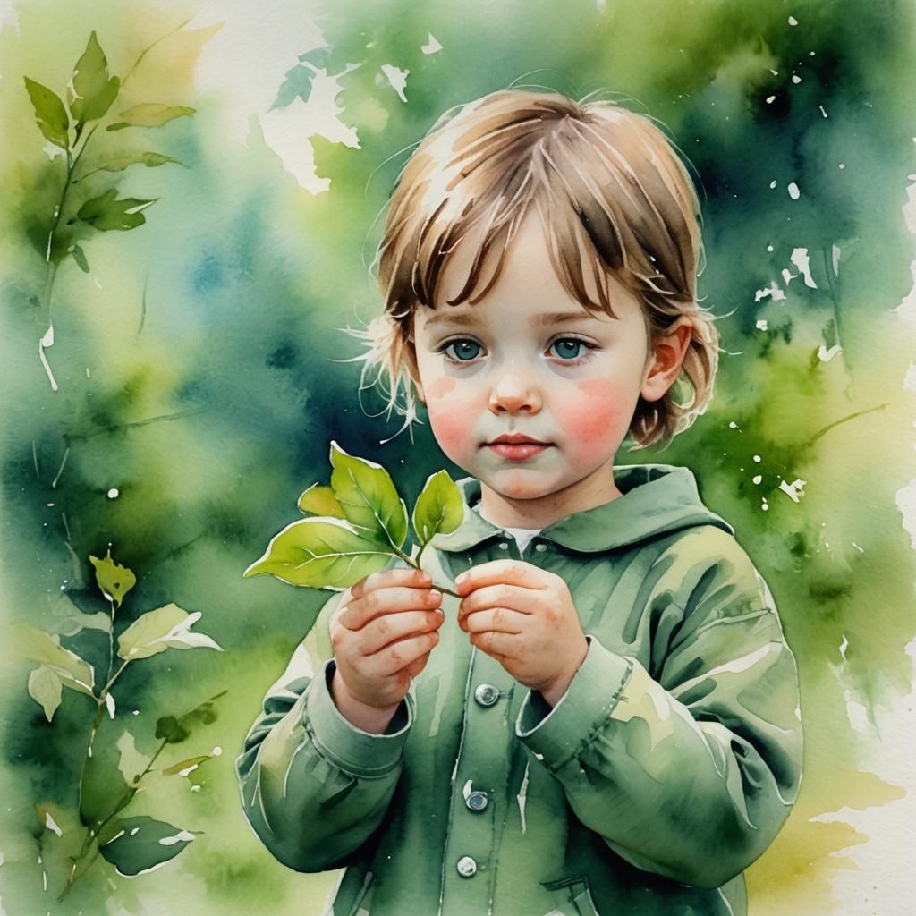 Child's Gentle Touch: Watercolor Leaf Portrait