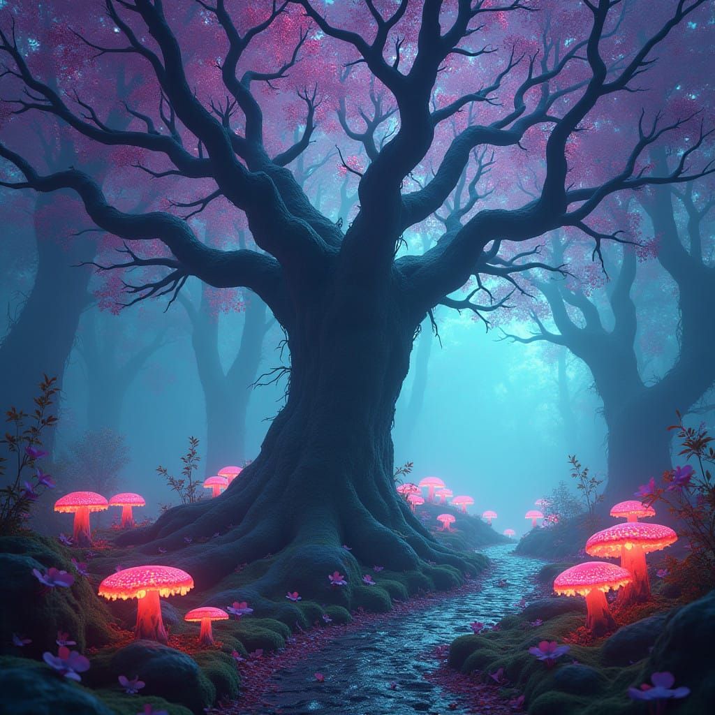 Dreamlike Forest in Vibrant, Iridescent Hues