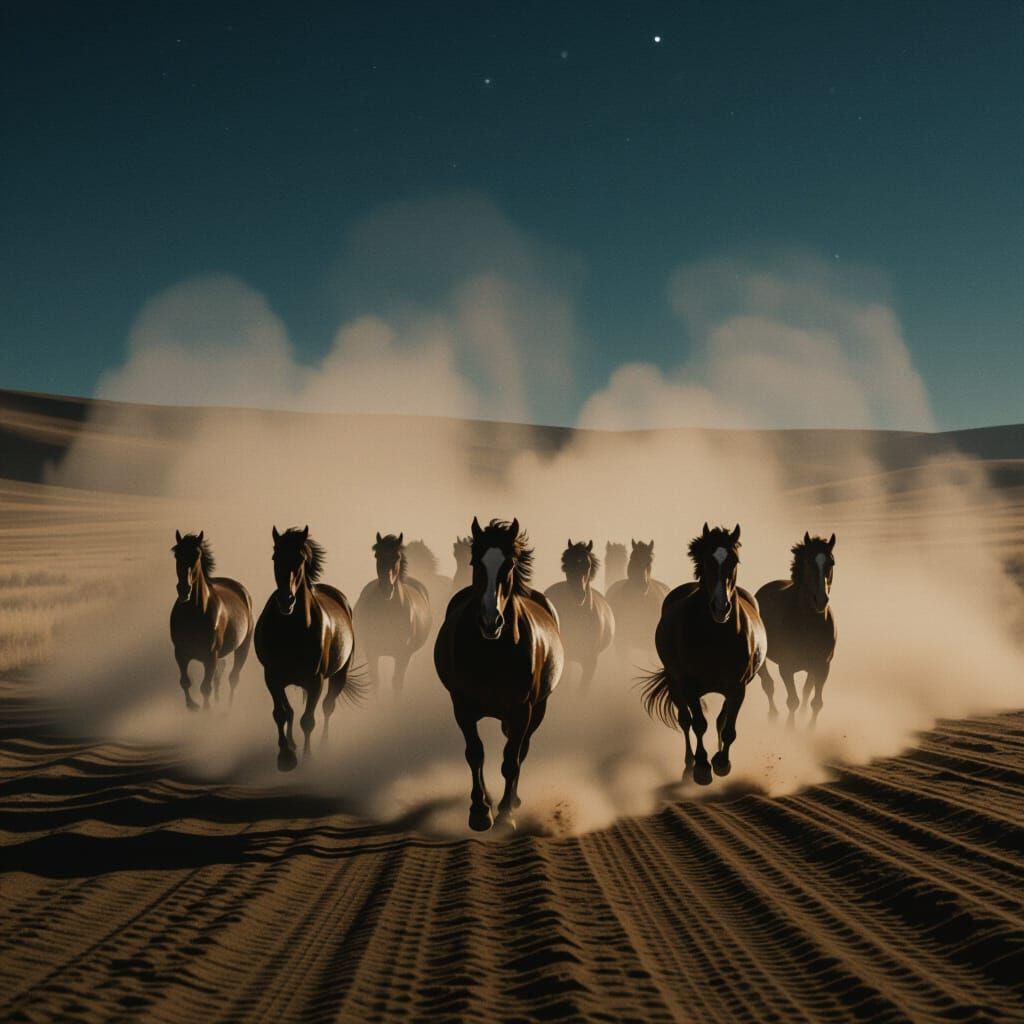 Epic Desert Horse Gallop in Foggy Night