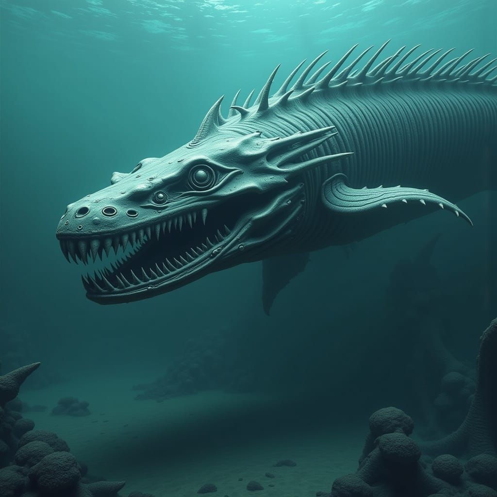 <lora:LeviathanRuins 2p0:1.0> a colossal serpent (whale-head, blue/green/indigo and taupe/olive gradient scales,  glowing teal aura) 