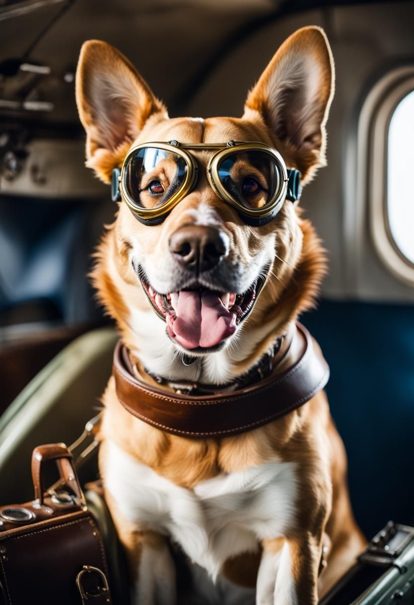 Gold athlete dog flying in old airplane having a good time l...