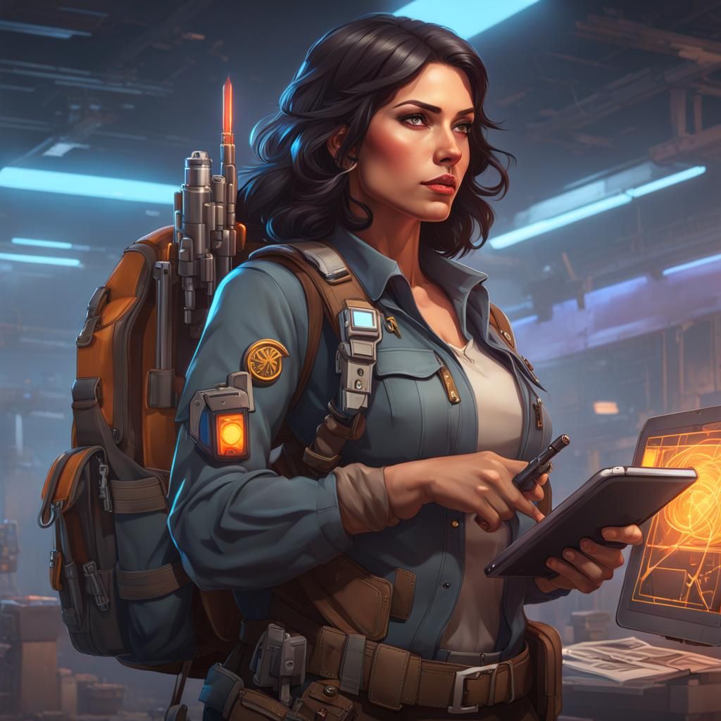 female charater engineer with dark hair light skin, tool belt with tools  and laser pistol on, back pack, hands holding a tablet - AI Generated  Artwork - NightCafe Creator