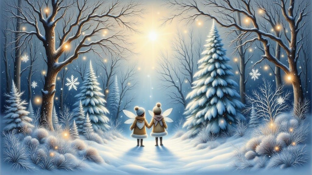 Fairy Children in Snowy Art Nouveau Forest