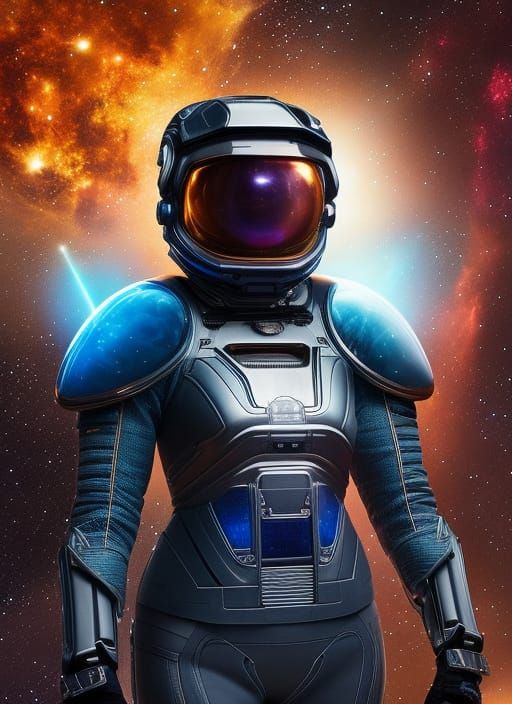 Insanely detailed cinematic portrait photography of a majestic beautiful spacegirl wearing hologram embroidered ... false