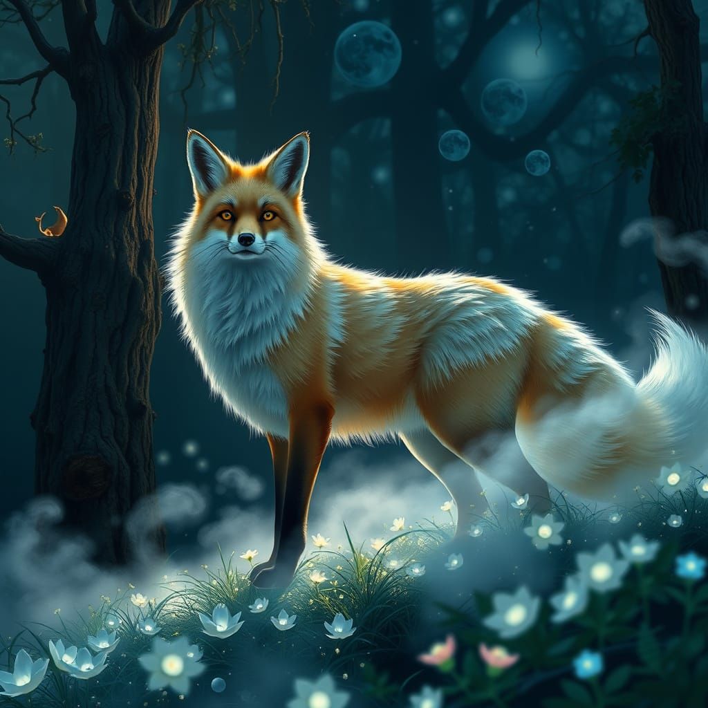 A majestic fox with fur like spun moonlight, standing at the edge of an ancient, enchanted forest. Ethereal mist swirls around its paws, and...