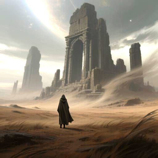 A solitary figure in a cloak stands on a desolate, windswept plain under a sky filled with colossal, ancient ruins. The figure is small agai...