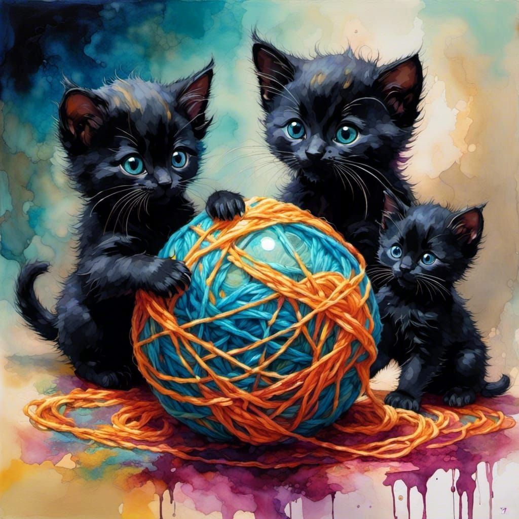 <lora:Inkwell:1.0> Three black kittens playing with a glowing ball of yarn