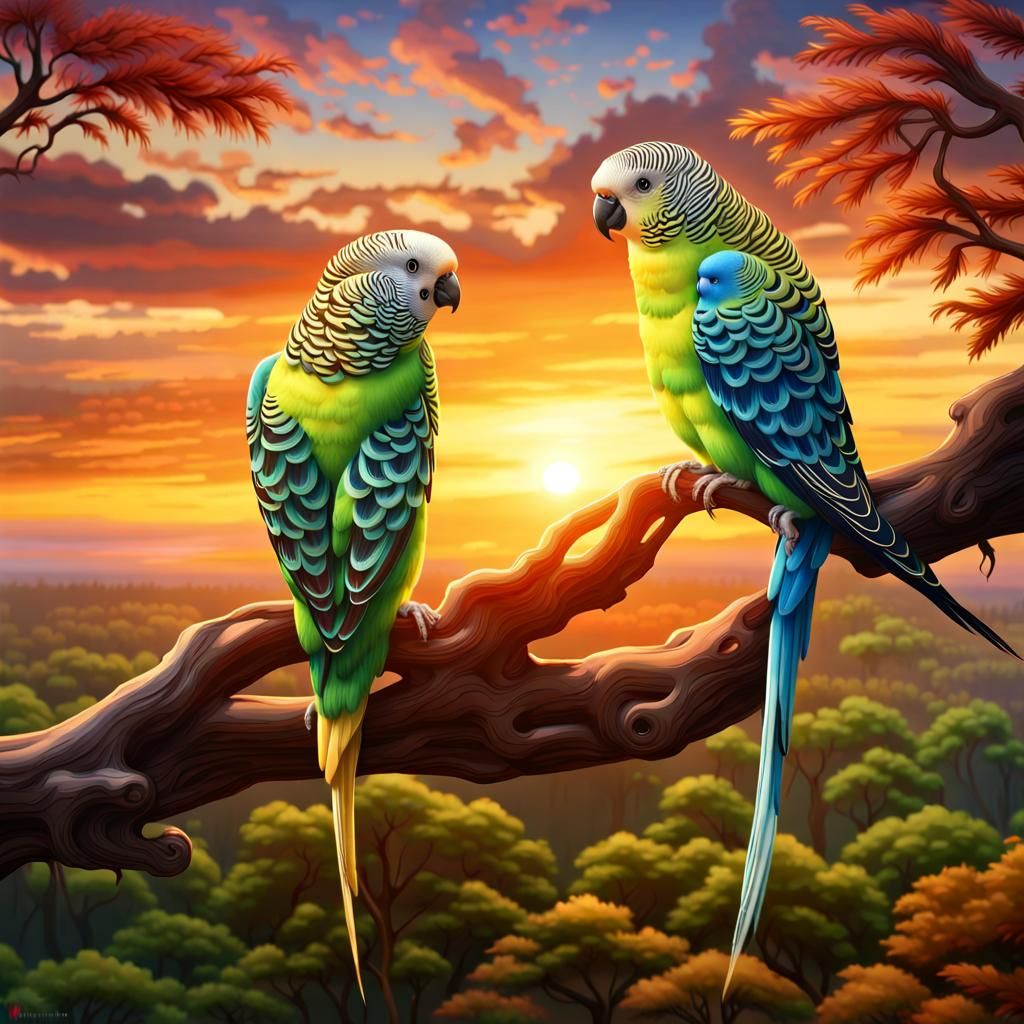 (A charming couple of lovebirds leaning against each other: ...