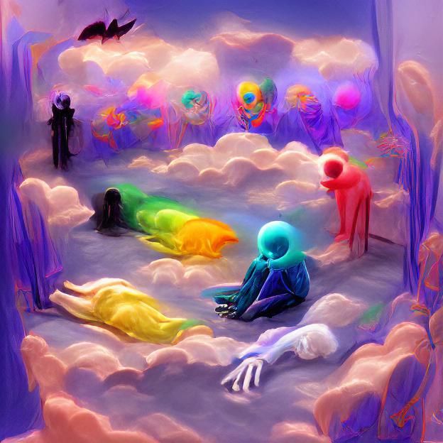 Familiar souls in the afterlife waiting for their friend to pass over into the most brilliant colored dream