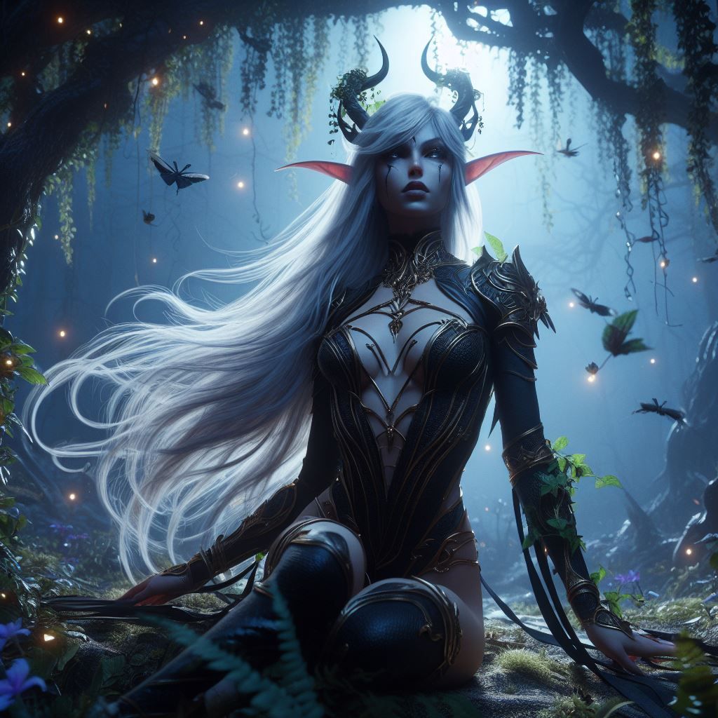 Dark-elf lady in nightly forest