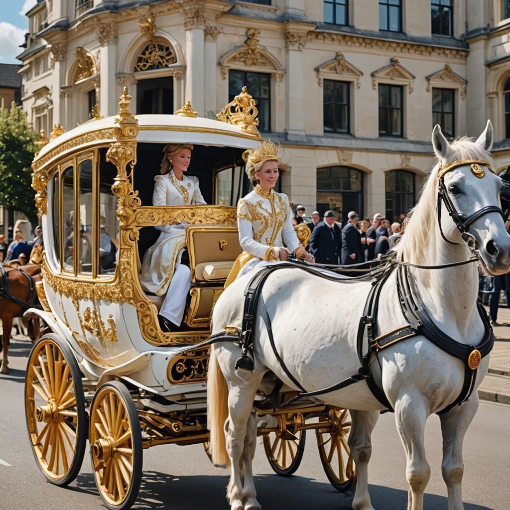 A white horse with  a golden carriage with the beauty queen ...