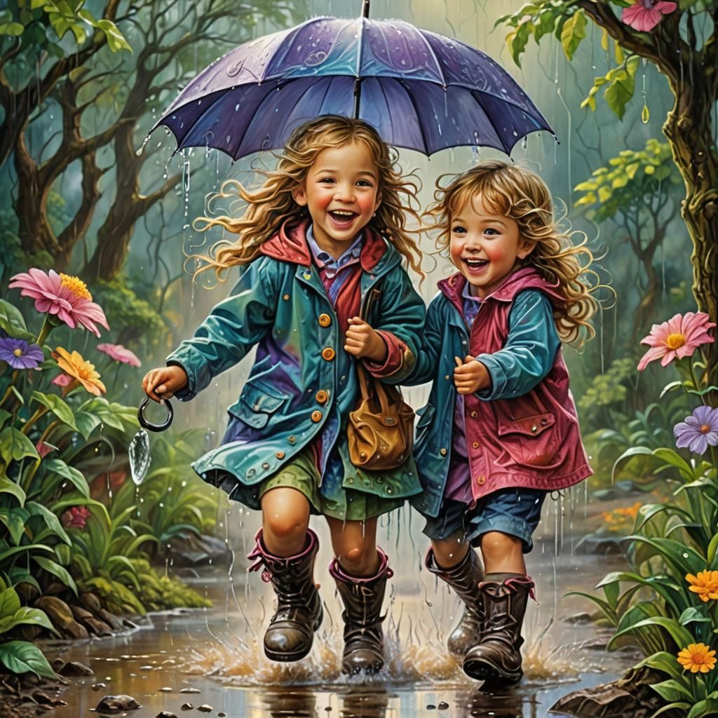 A delightful epic scene of two children playing outside in the rain and splashing in muddy rain puddles, ...  by @Eggsquizit