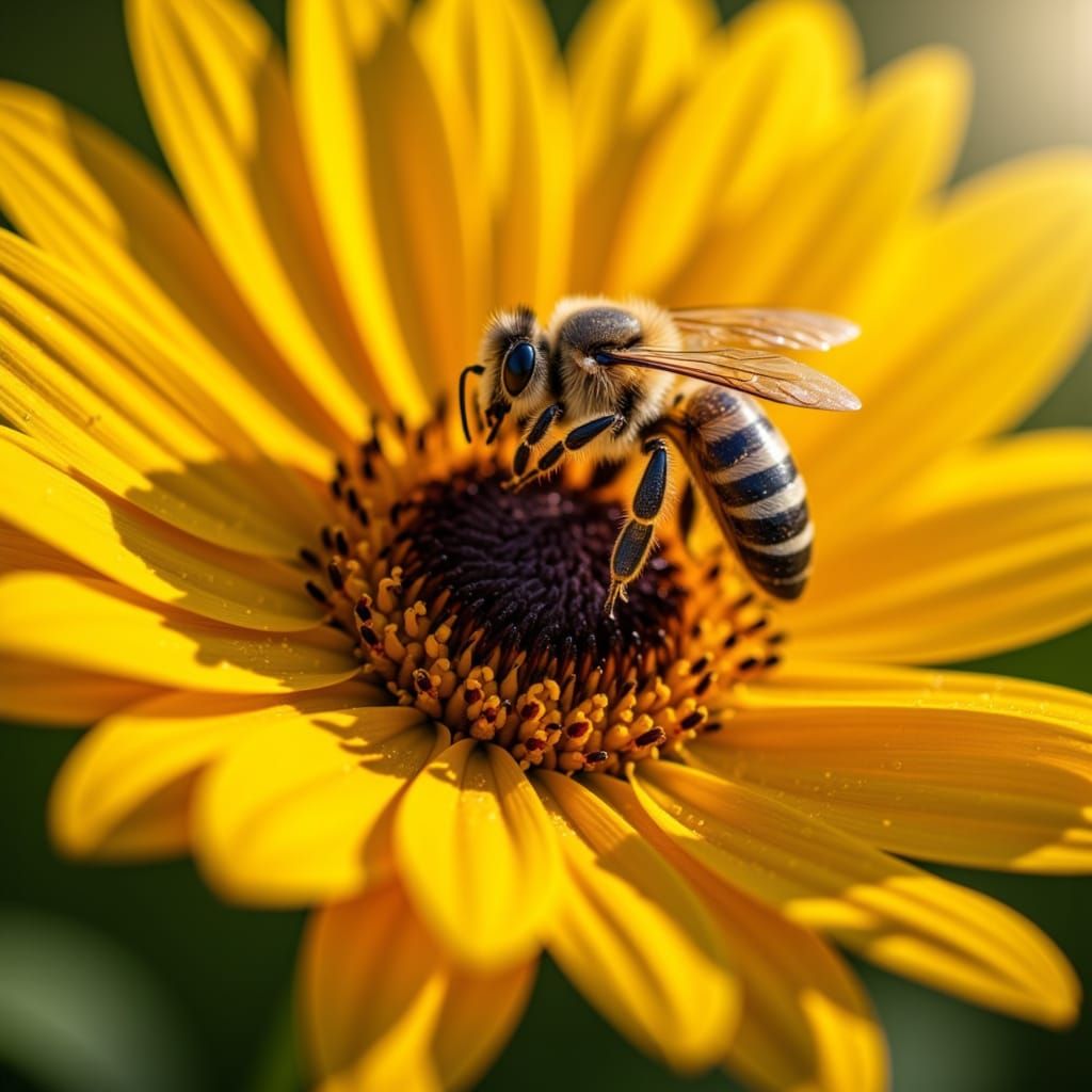 Ultra-realistic close-up of a bee collecting nectar from a vibrant sunflower, fine details of the bee's fuzzy body, translucent wings, and p...