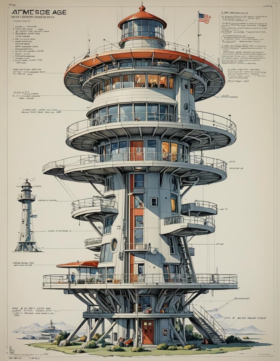 space age multi-level home, slender supports (lighthouse the...