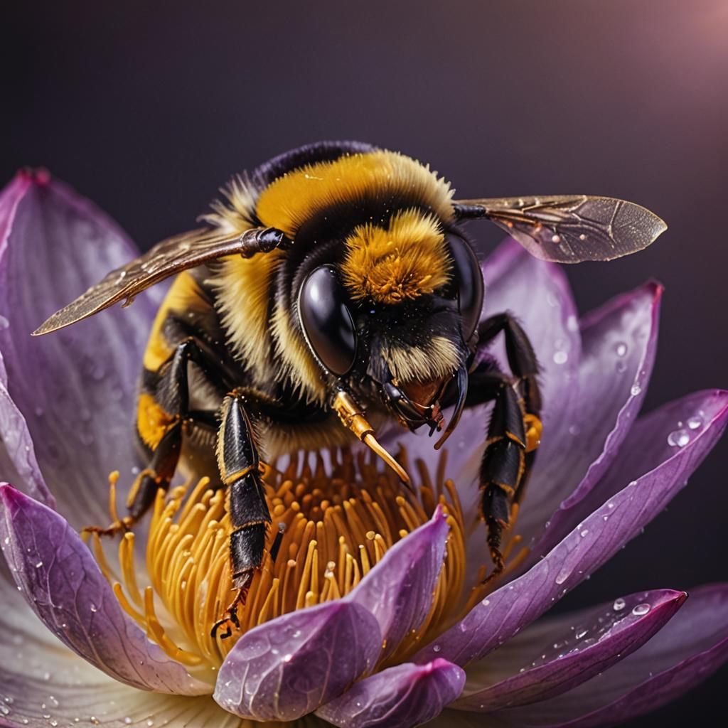 Bumblebee drinking nectar on a purple lotus leaf