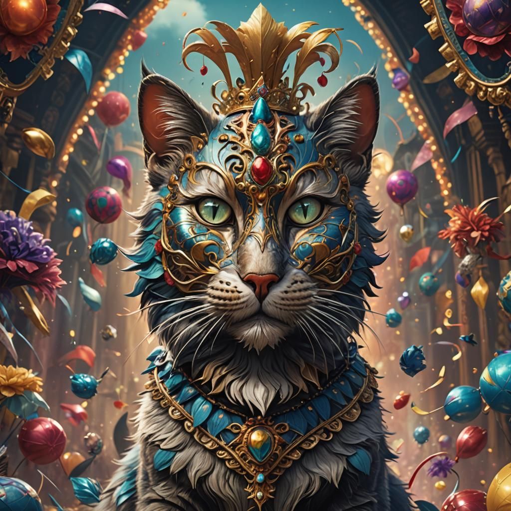 A cat with a fancy carnival mask