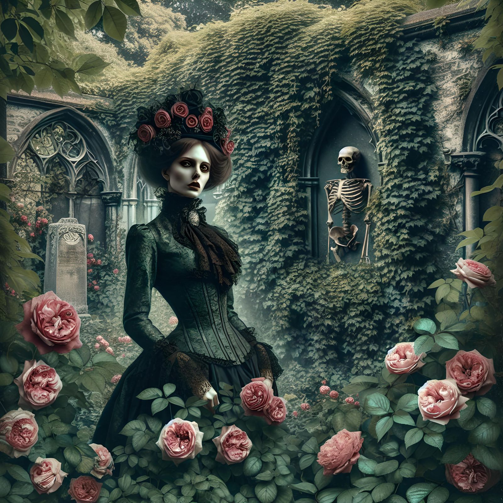 Woman, gothic, Emilie Autumn, roses, skulls, ivy, hyper real...