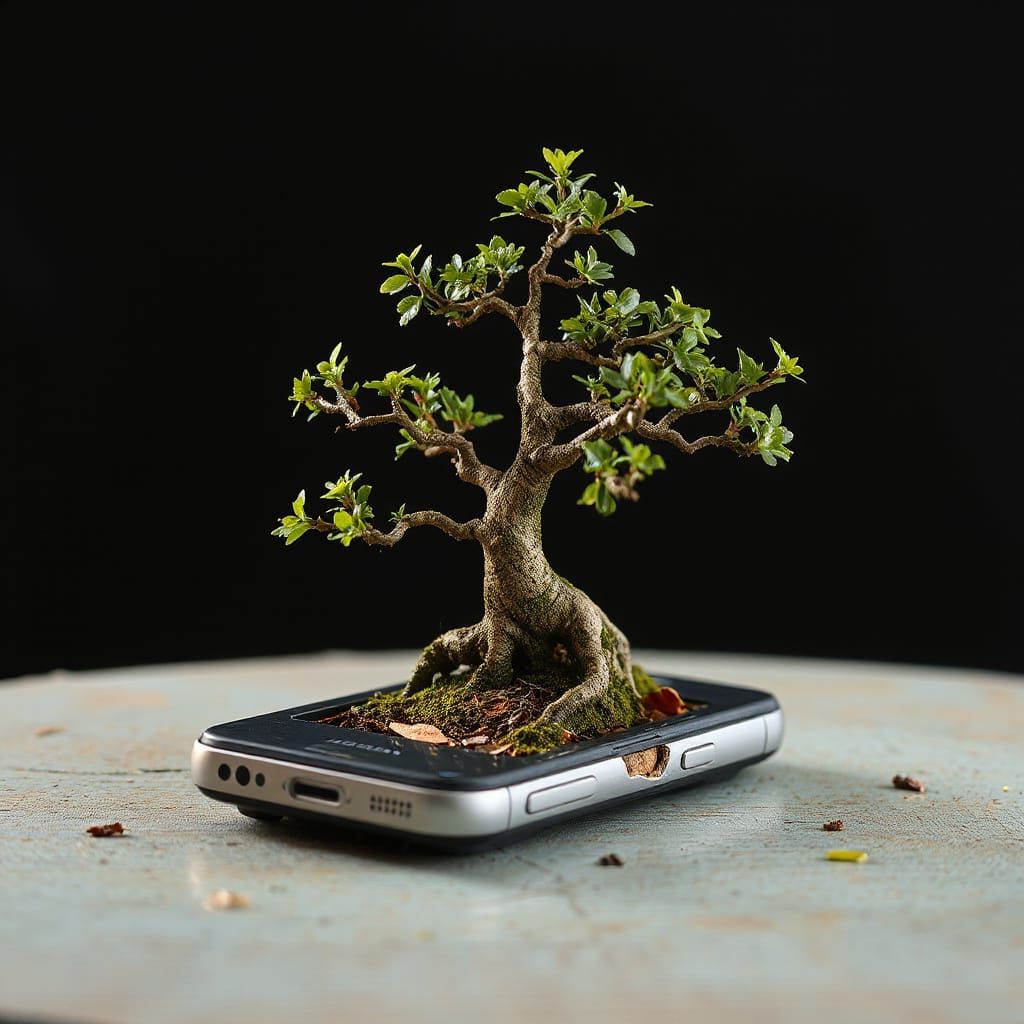: A miniature bonsai tree growing inside a broken smartphone, its delicate branches reaching towards ...  by @undefined