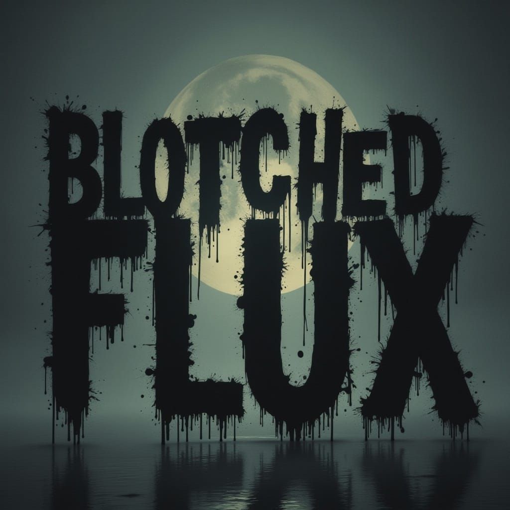 the text "Blotched Flux" appearing in a chaotic, blotched ink style. The font should seem to bleed and smudge like wet ink, with jagged edge...