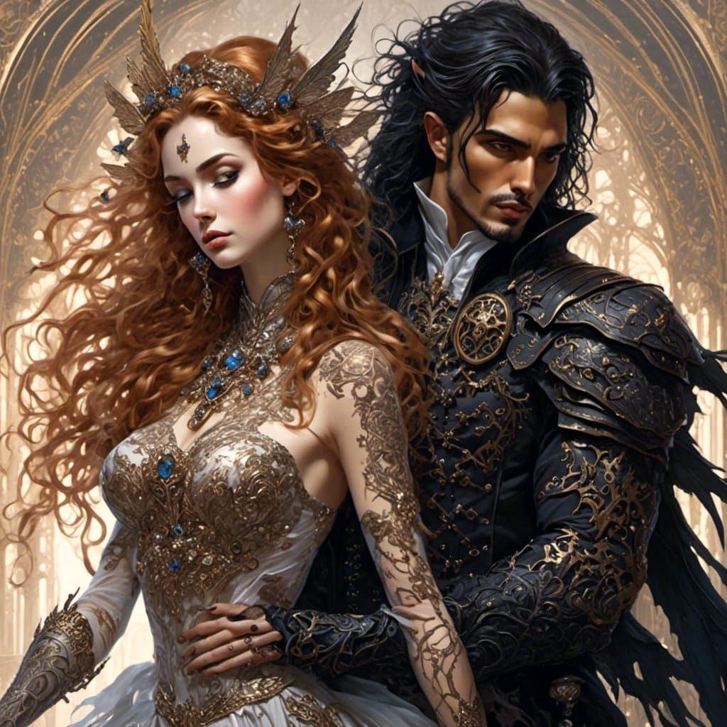 <lora:FantasyLove:1.0> Lovers Fairy Male and female. Stunning female with brown light hair and male dark high lord fairy with dark hair and...