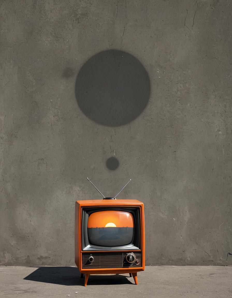 Vintage oraange television with solar exlipse, smoke,  simpl...