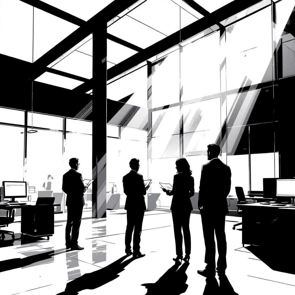 Frank miller graphic novel style. A modern office with timber and glass. a group of technicians being spoken to by a woman in office attire....