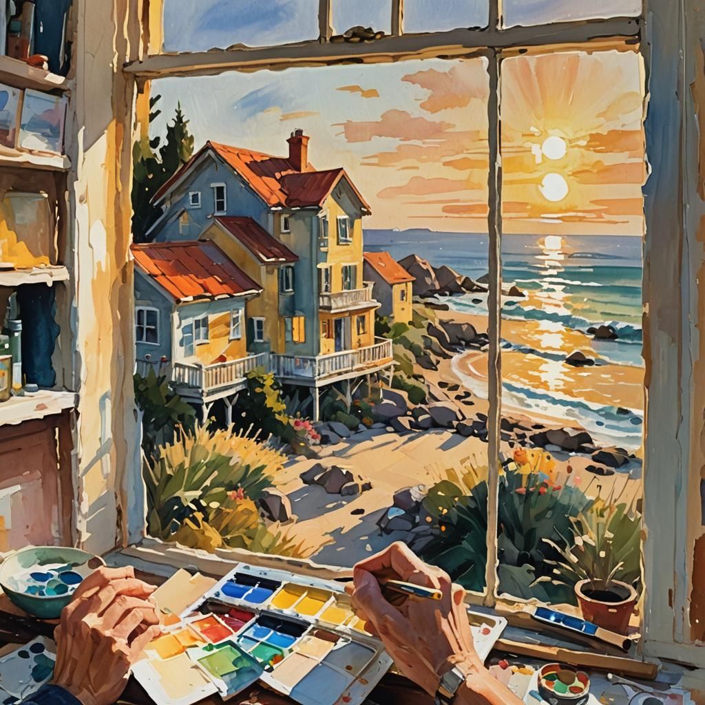 Impressionist Artist Painting Seaside Gouache Art