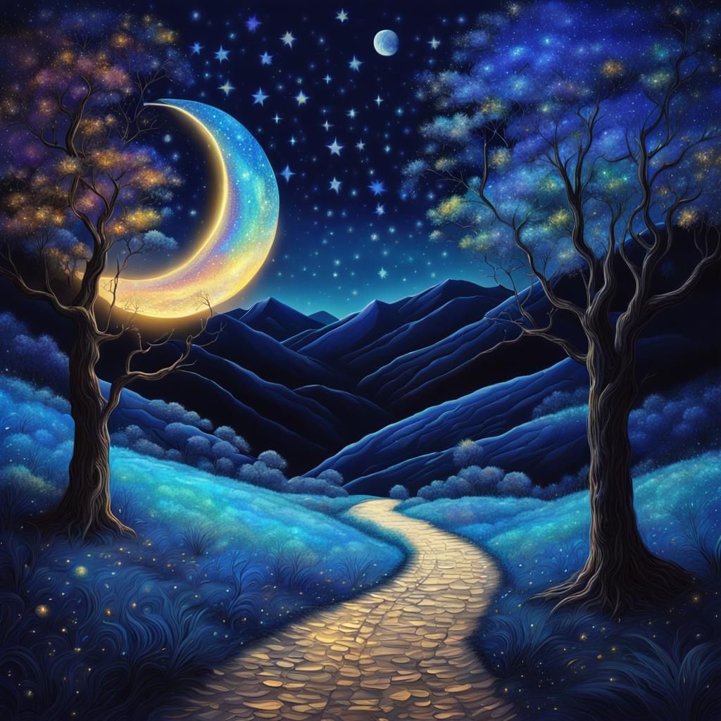 crescent moon and starry night