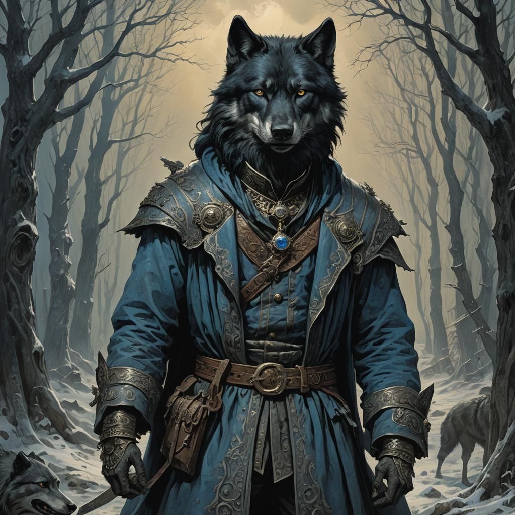 Russian Man in Wolf Costume, Horror Art Style
