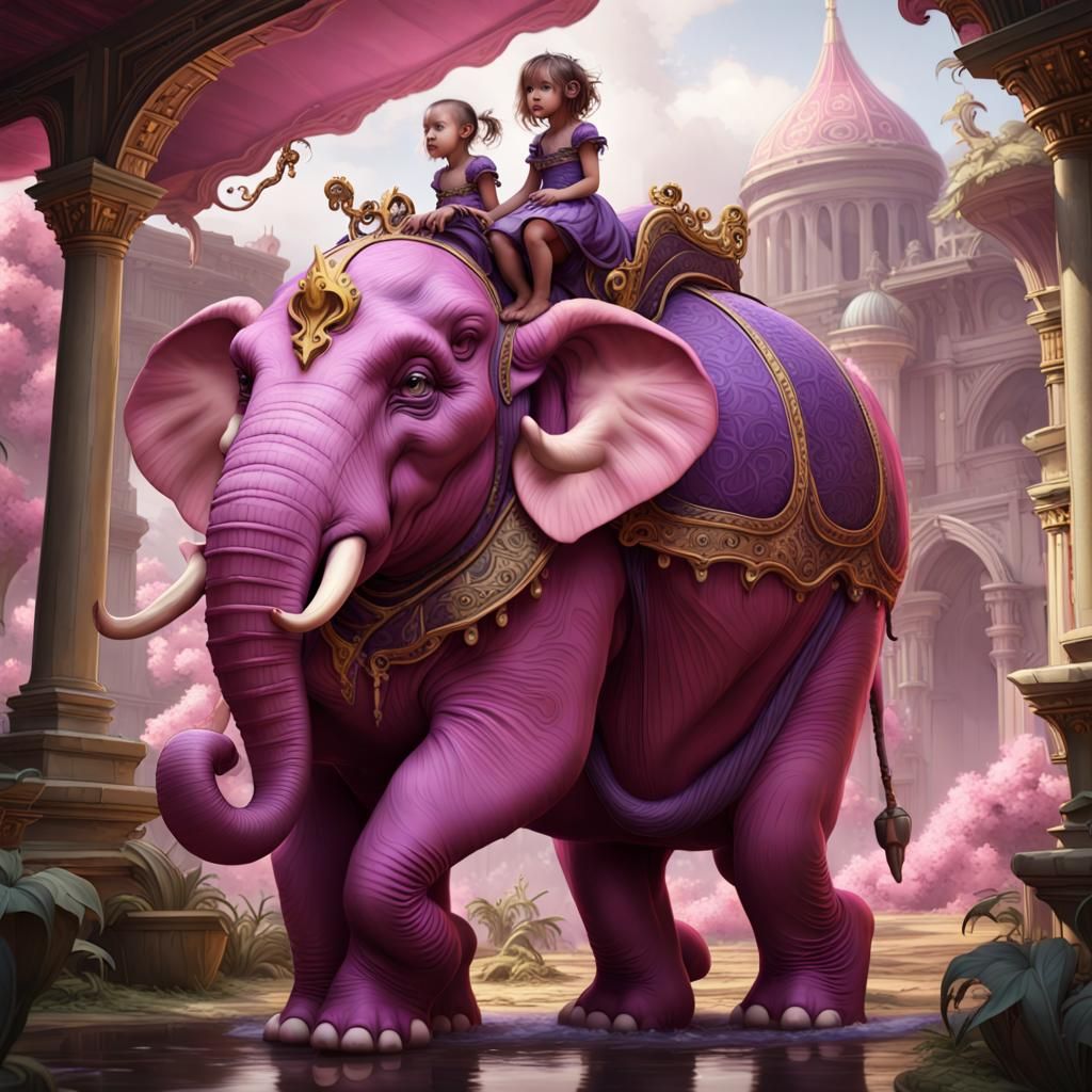Monkeys Ride Pink Elephant in Dark Fantasy Style