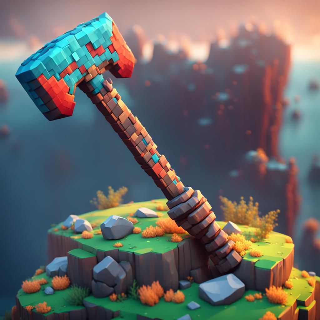 A voxel pickaxe pierced into a voxel rock