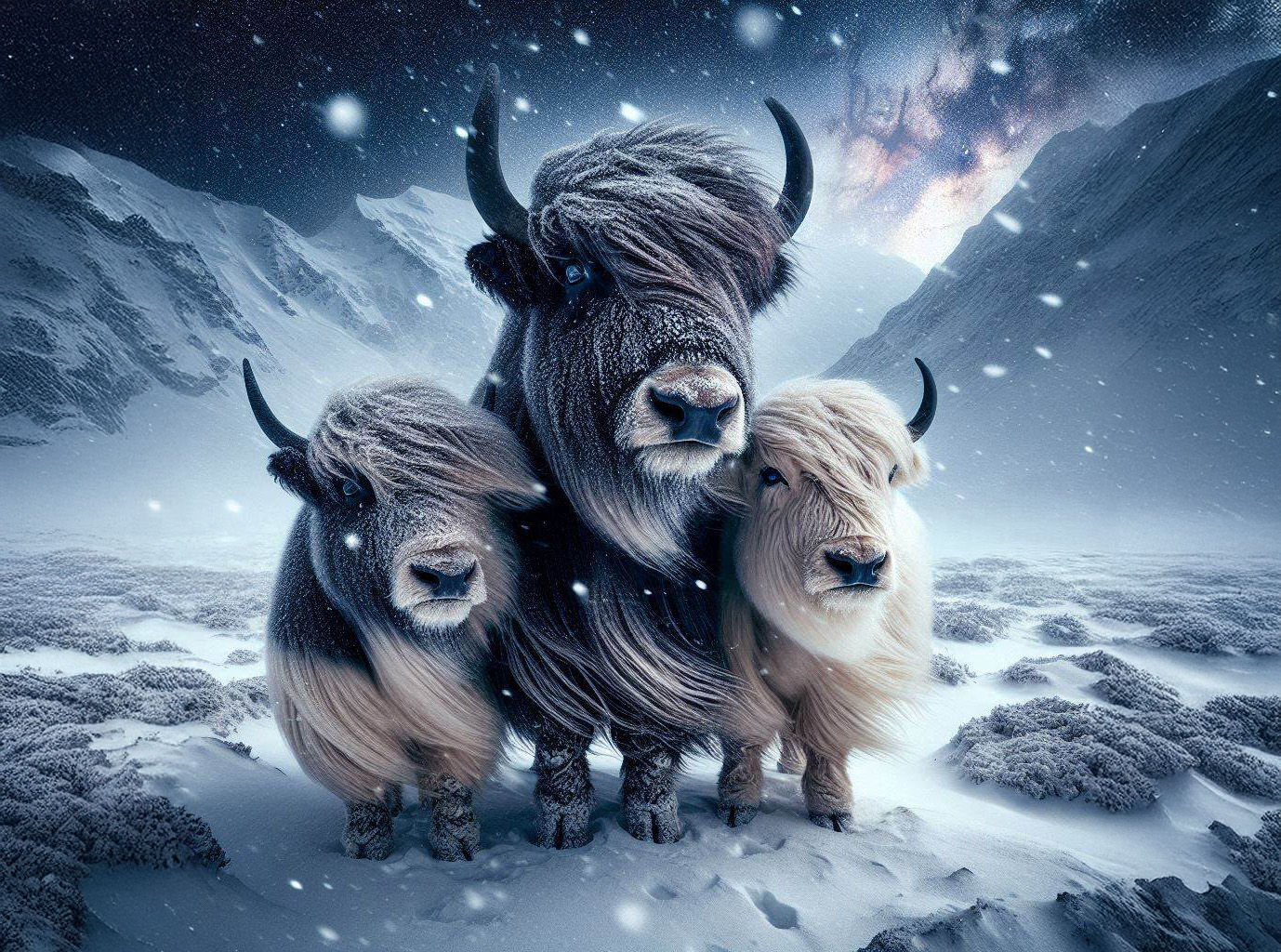 Yaks huddled together trying to keep warm